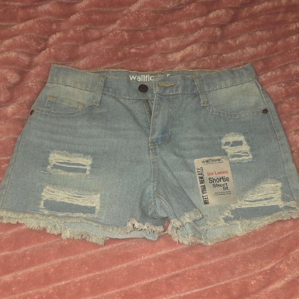 Wallflower Light Blue Distressed Denim Shortie Shorts with Frayed Hem